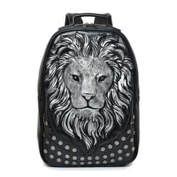 Kiisy 3D Lion Leather Laptop Backpack Unique Designer Fashion Travel Rivet Punk Backpack (Black S)