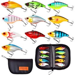 NOBONDO 10 PCS Lipless Crankbait Fishing Lures for Saltwater Freshwater with Portable Bag - 3/5 OZ VIB Lures with 3D Eyes, Sinking Vibe Crank Baits Swimbaits Minnow for Bass Trout Catfish Pike Walleye