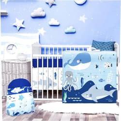 Rtteri 4 Pieces Baby Crib Bedding Set, Nursery Bedding Standard Size Soft Baby Bedding Set Including Crib Skirt, Blanket, Crib Sheet and Diaper Stacker for Baby Girls and Boys (Whale)