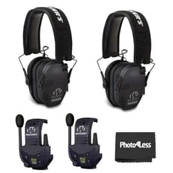 Walker's Razor Slim Ultra Low Profile Compact Design Adjustable Hearing Protection Electronic Earmuffs - Black Bundle With WALKER'S Razor Walkie Talkie Attachment - 22 Channels 3 Miles Range (2 Pack)