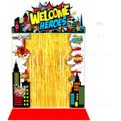 VitalCozy 7 pcs Hero Party Decorations Hero Party Porch Banners Gold Foil Fringe Backdrop Curtains for Birthday Halloween Photo Background Door Entryway Decor