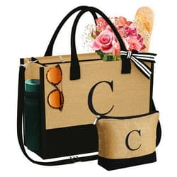 YOOLIFE Gifts for Women - Initial Jute Tote Bag & Makeup Bag with Zipper Pockets Adjustable Strap, Birthday Gifts for Women