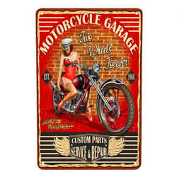 AOYEGO Pin Up Motorcycle Tin Sign,Motor Garage Red Black Vintage Metal Tin Signs for Cafes Bars Pubs Shop Wall Decorative Funny Retro Signs for Men Women 8x12 Inch