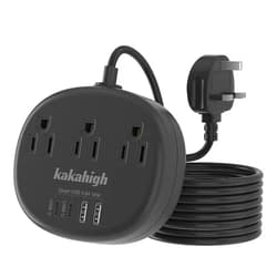 Kakahigh Black UK Adapters for Travel(13A), US to UK Plug Adapter with 3 Outlets 4 USB Ports Total Output 24W, Type G Plug Adapter and Outlet Converter for USA to British Ireland Scotland Hong Kong, 5FT