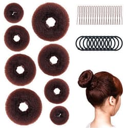 Amrules Hair Bun Maker Set, 8 Pieces Donut Hair Bun Maker with 10 Pieces Black Rubber Bands and 20 Pieces Bun Bobby Pins for Ladies, Brown