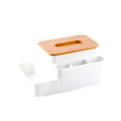Fsawdnn Multifunction Bamboo Tissue Box Holder with Storage 4-cell Partition Desktop Organizer Box Remote Controller Box Pencil Pen Holder for Home and Office Supplies (White)