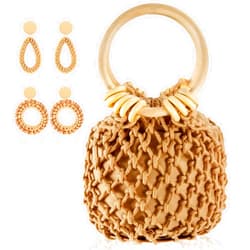 Sweetude Mini Clutch Tote Handbag 2 Pairs Rattan Earrings for Women Crossbody Bag Bohemian Woven Clutch Bucket Handbag