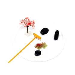 Nature's Mark Mini Zen Garden Kit for Desk with Rake, White Sand, Lotus Figures, White Round Base, Black River Rocks and Mini Blossom Tree (8Lx8W Round B)