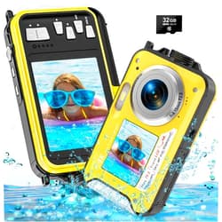 Yifecial 4K Underwater Camera with 32GB Card 1250mAh Battery 56MP Autofocus 11FT Waterproof Camera Dual-Screen Selfie 16X Waterproof Floatable Digital Camera Underwater Camera for Snorkeling, Yellow