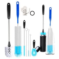 AIOUIERSCN 8-Pack Stainless Steel Long Handled Water Bottle Brush for Cleaning Sports Bottles, Milk Bottles, Glassware and Food Jars with Flexible Straw Brush, Cup lid Brush Includes Storage Ring and Hook.