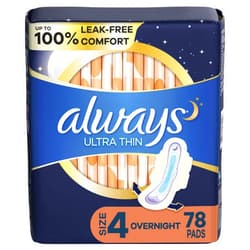 Always Ultra Thin Overnight Pads with Flexi-Wings, Size 4, Overnight, Unscented, 78 Count Total (3 Packs of 26)