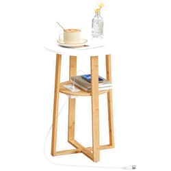 HOOBRO Round Side Table with Charging Station, Round Accent End Table with Bamboo Legs for Living Room, Bedroom, White and Natural YW101UBZ01