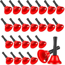 Fiada 24 Pcs Red Hand Bells Bulk Metal Hand Held Bell with Black Wooden Handle Loud Dinner Bells Call Service Classroom Bell for Home Pets School Wedding Church Christmas Jingles Decor