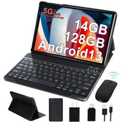 FACETEL Tablet 10 inch Android 13 Tablets with 14GB RAM 128GB ROM, Octa-Core 2.0 GHz, 8000mAh Battery, 5G WiFi, Bluetooth 5.0, HD IPS Touchscreen, 5+8MP Camera Tablet with Keyboard Mouse Case, Black