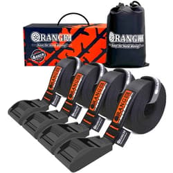 ORANGEE® 4 Pack 'No Scratch' Cam Buckle Tie Down Strap for Surfboards, Kayaks, SUP Paddleboards, Canoes, Snowboards - 15FT Long & Silicone Protective Cover On Buckle (1,100LB Break Strength Per Strap)