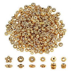 PH PandaHall 300pcs Tibetan Spacer Beads, 6 Style Antique Golden Spacers Alloy Metal Tube Beads Flower Flat Rondelle Small Loose Beads for Bracelet Necklace Earring Jewelry Making Supplies