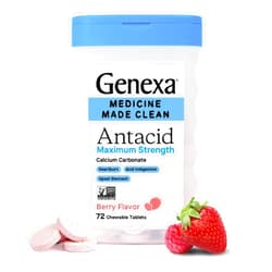Genexa Clean Antacid Maximum Strength Chewable Tablets, Dye Free, 0% Artificial Additives, Calcium Carbonate Relief for Heartburn, Acid Indigestion, & Upset Stomach, Organic Berry Flavor, 72 ct