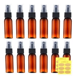 LISAPACK 1oz Amber Small Plastic Spray Bottle (12 Pack) Empty Mini Fine Mist Travel Size Atomizer, Tiny Sprayer for Little Perfume, Water, Cologne, Alcohol, Samples (Brown, 30ml)