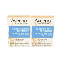 Aveeno Fragrance Free Soothing Bath Treatment, 100% Natural Colloidal Oatmeal, Sensitive Skin Bath Soak for Relief of Dry, Itchy, Irritated Skin Due to Eczema & Hives, Bath Packets, 8 ct. (Pack of 2)