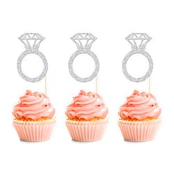 Ephlyn 24Pcs Silver Glitter Diamond Donut Ring Cupcake Topper Picks Wedding Engagement Cake Decorations for Engagement Bridal Shower Party Cake Decorations