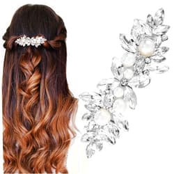 HINZIC Rhinestone Hair Clip Sparkly Crystal Pearl Barrettes French Wedding Prom Engagement Pageant First Communion Hair Decorative Accessories for Women Girls Bride Thick Long Hair