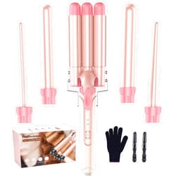 BESTOPE PRO Waver Curling Iron Curling Wand - BESTOPE PRO 5 in 1 Curling Wand Set with 3 Barrel Hair Crimper for Women, Fast Heating Crimper Wand Curler in All Hair Type - Leather Pink