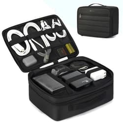 BAGSMART Electronics Travel Organizer Double Layer Charger Organizer Bag Large Tech Organizer Pouch Portable Electronics Accessories Case Cord Storage Bag with Handle for Tablet, Earphone, Black