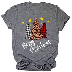 Beopjesk Christmas Shirts Womens Leopard Plaid Trees Printed Casual Short Sleeve Graphic Tees Tops