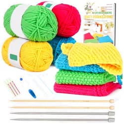 Aeelike Knitting Kit for Beginners, Complete Beginner Knitting Kit Easy Knitting Set Including Knitting Needles Set Cotton Yarn, Learn to Knit Dishcloth with Step-by-Step Instructions, Colorful