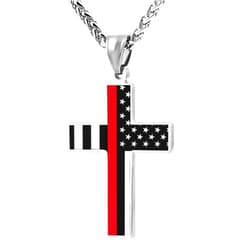 Adjzepuo Red Black Thin Line American Firefighter Flag Cross Pendant Necklace for Men Religious Jewelry Polished Silver Chain Necklace Birthday Gift