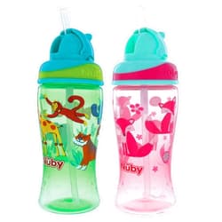 Nuby 2-Pack Thirsty Kids No-Spill Flip-it Printed Boost Cup with Thin Soft Straw - 12oz, 18+ Months, 2-Pack, Pink Fox & Green Tiger