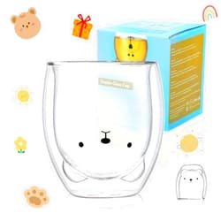 Binoster Bear Cute Mugs Kawaii Double Wall Glass Coffee Tea Mill Yogurt Cup Funny Novelty Gift for Women Her Friends Office Birthday Christmas