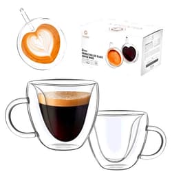 GLASKEY Double Wall Heart Shaped Glass Coffee Mugs Set of 2, Unique and Insulated Glass Espresso Cups with Handle,6.5oz Espresso Glasses for Coffee,Latte,Cappuccino and Tea