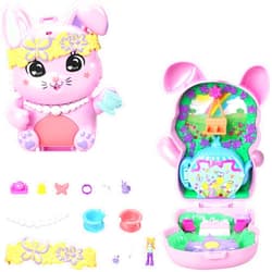 Polly Pocket Dolls and Playset, Tea Party Bunny Compact, Travel Toy with 1 Micro Doll, Pet Bunnies, Food & Fashion Styling Accessories