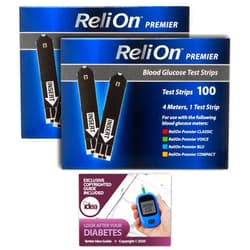 Idea Shop USA Reli On Premier Blood Glucose Testing Strips | Glucose Test Strips | Test Strips for Diabetes | Blood Sugar Strips | Diabetic Test Strips | Relion Premier Test Strips 100 Count 2 Pack + B. Idea Guide