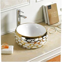 InArt Above Counter Vessel Sinks,Bathroom Sink, Ceramic Vessel Sink Porcelain Round Gold White Color Vessel Sink 41 x 41 x 15 CM