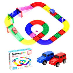 PicassoTiles Magnetic Race Track Toys Car Tracks Set for Toddlers Magnet Building Blocks Tiles Sensory Toys for Kids Include 2 Trucks STEM Engage in Thrilling Races Age 3+ Year Old Boys Girls