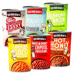 SERIOUS BEAN CO. SERIOUS Bean Co Ultimate Variety 6-Pack Fully Cooked and Ready to Serve Canned Beans: Hot Honey Baked Beans, Southwest Smokehouse Black Beans, Jalapeno & Bacon Pinto Beans, Sweet and a bit Sassy Dr Pepper Baked Beans, Carolina Gold BBQ Beans, and Sweet & Smoky Chipotle Pinto Beans