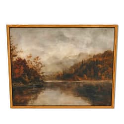 PXYSPMVP Wood Framed Vintage Wall Art, Moody Lake Forest Landscape Wall Decor Paintings, Nature Mountain Pictures Canvas Prints Rustic Farmhouse Artwork for Living Room Bedroom Home Decor 16x24 inch