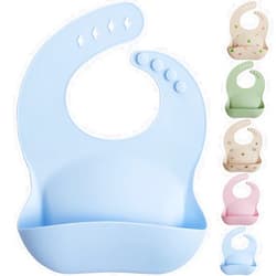 MIGHTY MONKEY Extra Deep Pocket Waterproof Silicone Feeding Baby and Toddler Bib, BPA Free Bibs for Boy, Girl, Adjustable Mess Free Eating and Drinking Essentials, Drooling Teething Babies, Blue