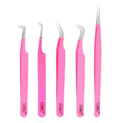 HADIZ Fabir Tip Eyelash Extension tweezers Lash Tweezer Japanese Steel set of five (Raspberry)