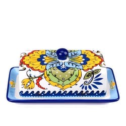 NAGU Hand Drawn Ceramic Butter Dish with Lid, Farmhouse Butter Plate Tray with Cover, Vintage Cheese Container Holder for Kitchen Countertop, Decorative Colored Country Style Home Butter Keeper Saver