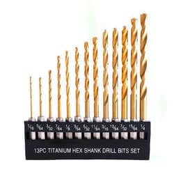 COMOWARE Titanium Twist Drill Bit Set - 13 Pcs Hex Shank High Speed Steel for Wood Plastic Aluminum Alloy, Quick Change, 1/16