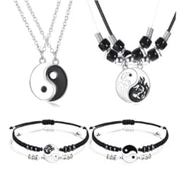 Hicarer 8 Pieces Matching Yin Yang Pendant Necklace Bracelet Set Couple Necklace Adjustable Cord Black White Bracelet Accessories for BFF Friendship(Chic Style)