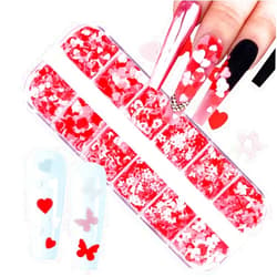BSBTBZ 12 Grids Heart Nail Sequins Love Heart Nail Glitter Flakes 3D Nail Art Supplies Holographic Laser Heart Butterfly White Flower Glitter Designs Heart Nail Art Stickers for Valentine's Day Decorations