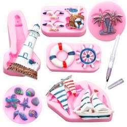 Homyplaza 6 Pack Mermaid Fondant Cake Mold - Mermaid Seashell Starfish Conch Coral Seaweed Fish Turtles Silicone Mold Suitable for Cake Chocolate Candy Fondant Polymer Clay Crafting Projects