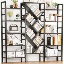 INNOD Triple 5 Tier Book Shelf, Large Wooden Bookcase with 17 Open Display Shelf, Modern Tree Bookshelf Metal Frame Tall Black Bookshelf Furniture for Living Room Bedroom Home Office