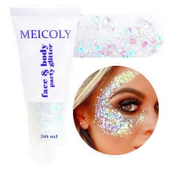 MEICOLY Clear White Body Glitter,Mardi Gras Face Glitter Singer Concerts Festival Rave Accessories,Chunky Hair Sparkling Halloween Glitter Gel for Women,Mermaid Sequins Glitter Face Paint,50ml