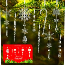 BSTDECOR 24 pcs Crystal Christmas Ornaments, Hanging Acrylic Snowflake for Christmas Tree Decorations Clear Crystal Ornaments with Icicle Drop for Xmas Decor New Year Party Wedding Home Decor Indoor Outdoor