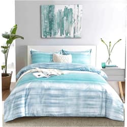 Faincy Queen Size Comforter Set, Blue, Grey and Teal Striped Pattern Print Reversible Down Alternative Bed Sets - 90 x 90 3PC Soft Microfiber Duvet Sets Modern Abstract Bedding in a Bag for Women Men, Gray